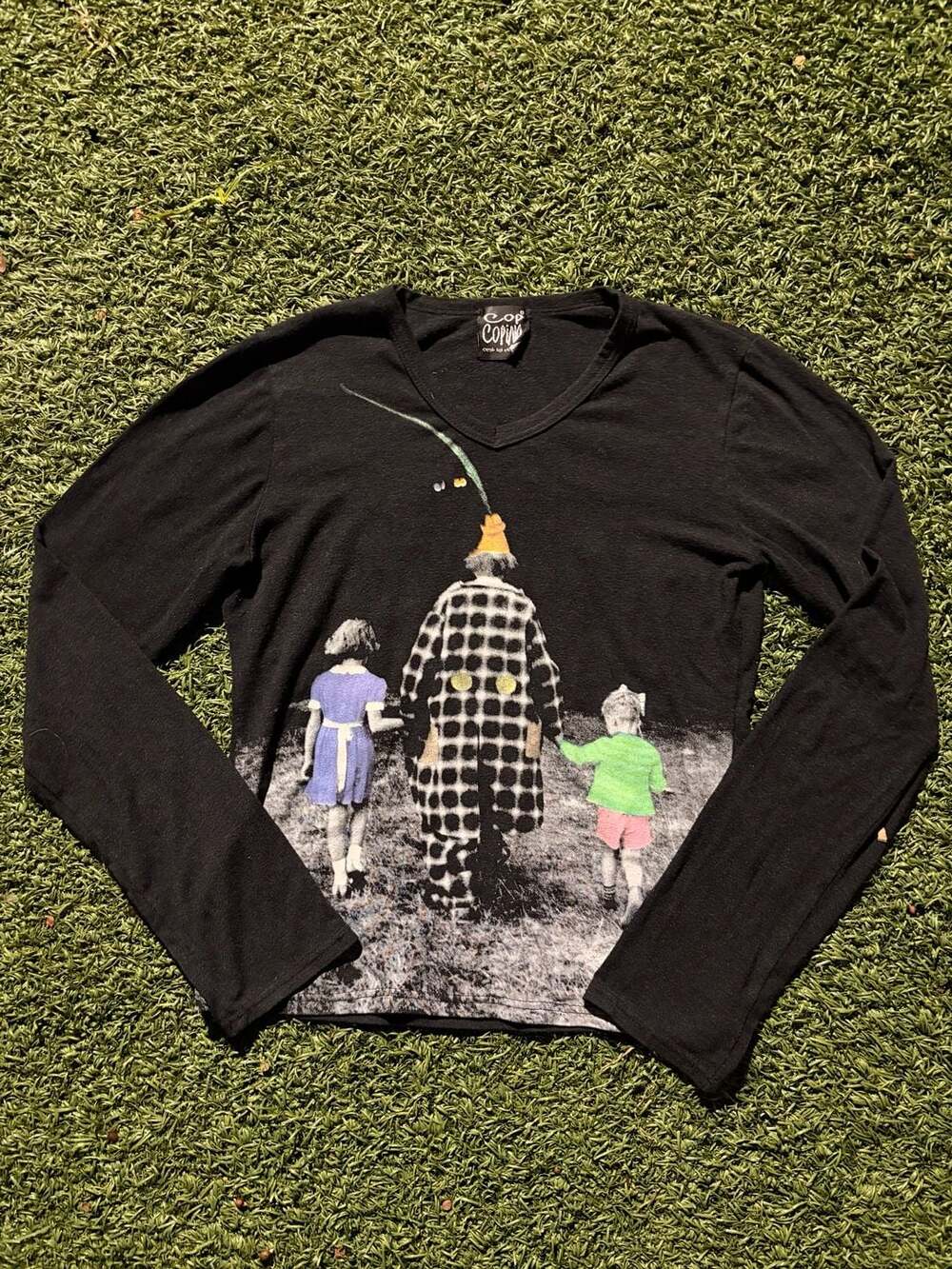 Cop. Copine Vintage Clown and Children Graphic Long Sleeve Mesh Top